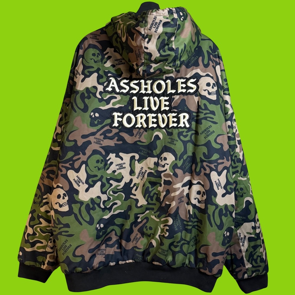 A Hole Live Forever Camo Skull Hooded Bomber Jacket Mens XXXL AOP Green Zip Up
